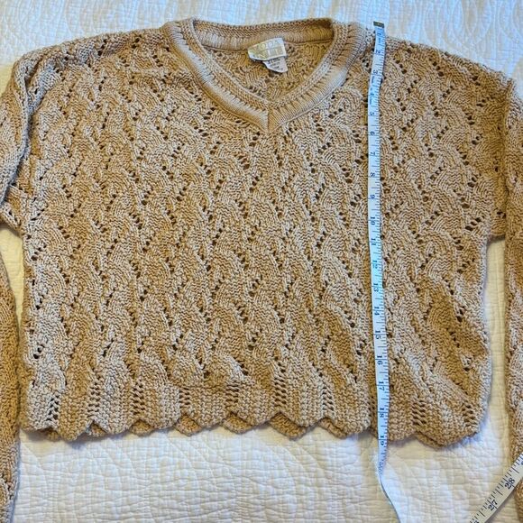 Vintage Open Knit Scalloped V Neck Cotton Cottagecore Sweater Beige Tan Medium - Picture 7 of 8